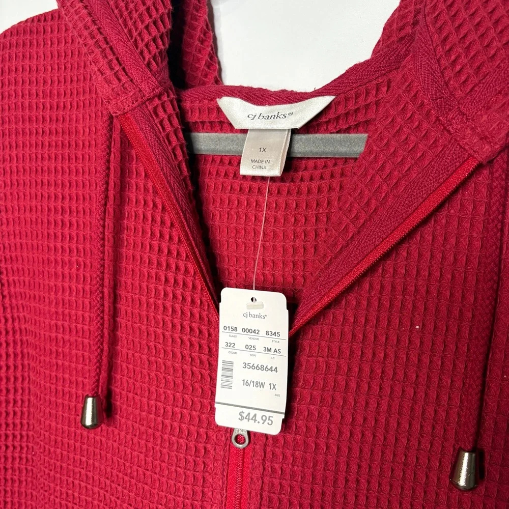 CJ Banks Waffle Knit Full Zip Hooded Sleeveless Vest NWT in Red Size 1X 16/18W